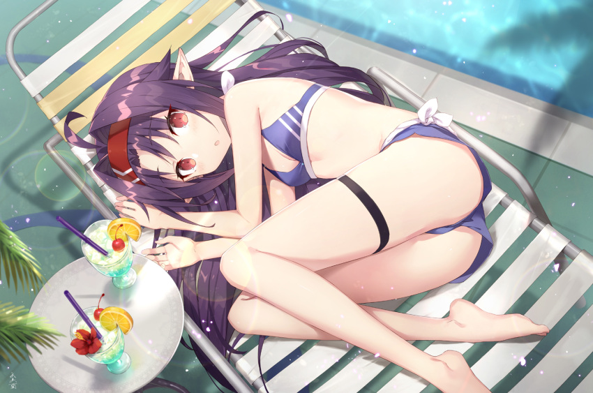 1girl :o ahoge ass bangs bare_arms bare_shoulders barefoot bikini blush breasts commentary_request drinking_straw from_above gabiran glass hair_intakes hairband long_hair looking_at_viewer lying on_side open_mouth pointy_ears purple_bikini purple_hair red_eyes shiny shiny_hair small_breasts smile solo swimsuit sword_art_online thigh_strap water yuuki_(sao)