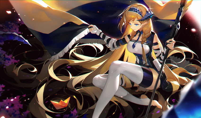 1girl absurdres arknights bare_shoulders blonde_hair blue_eyes blue_hairband blue_neckwear breasts commentary fingerless_gloves flag foot_out_of_frame gloves hairband heel-less_legwear hidor highres holding holding_flag horns large_breasts long_hair pointy_ears saileach_(arknights) sitting smile solo thigh-highs thighs very_long_hair white_gloves white_legwear