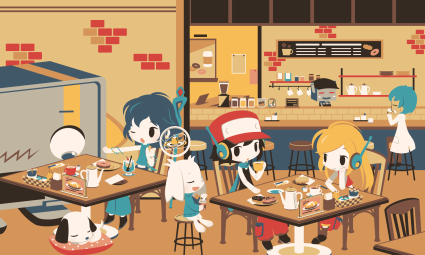 :&gt; black_hair blonde_hair cobalta coffee_cup coffee_mug cup curly_brace disposable_cup doughnut doukutsu_monogatari food hat highres holding holding_cup indoors long_hair looking_at_another mug multiple_girls open_mouth parted_lips plate quote_(doukutsu_monogatari) red_headwear robot sakamoto_sue short_hair smile table teapot