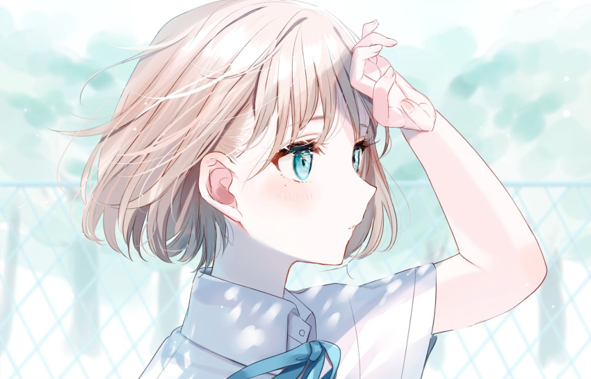 1girl arm_up bangs blue_eyes blue_ribbon blurry blurry_background brown_hair chain-link_fence collared_shirt commentary_request day depth_of_field eyebrows_visible_through_hair fence highres looking_away misumi_(macaroni) neck_ribbon original outdoors parted_lips ribbon shirt short_sleeves solo upper_body white_shirt