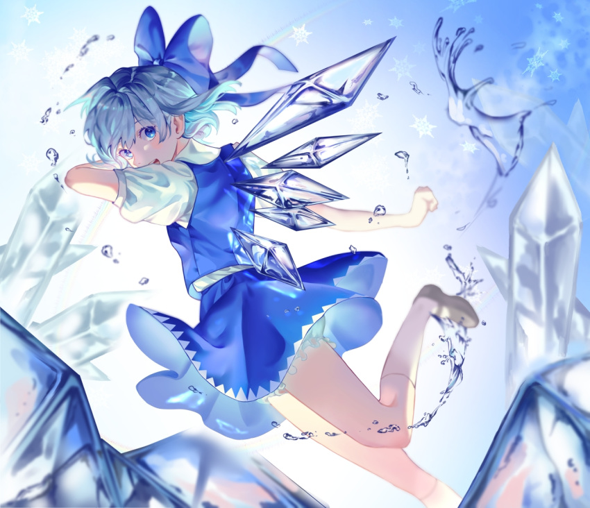 1girl bangs bloomers blue_background blue_bow blue_dress blue_eyes blue_hair blush bow cirno collared_shirt commentary dress full_body gradient gradient_background hair_bow ice ice_wings lobo_(user_hznx8287) looking_at_viewer looking_back mary_janes pinafore_dress puffy_short_sleeves puffy_sleeves rainbow red_neckwear red_ribbon ribbon shirt shoes short_hair short_sleeves simple_background smile snowflakes socks solo touhou underwear white_legwear white_shirt wing_collar wings
