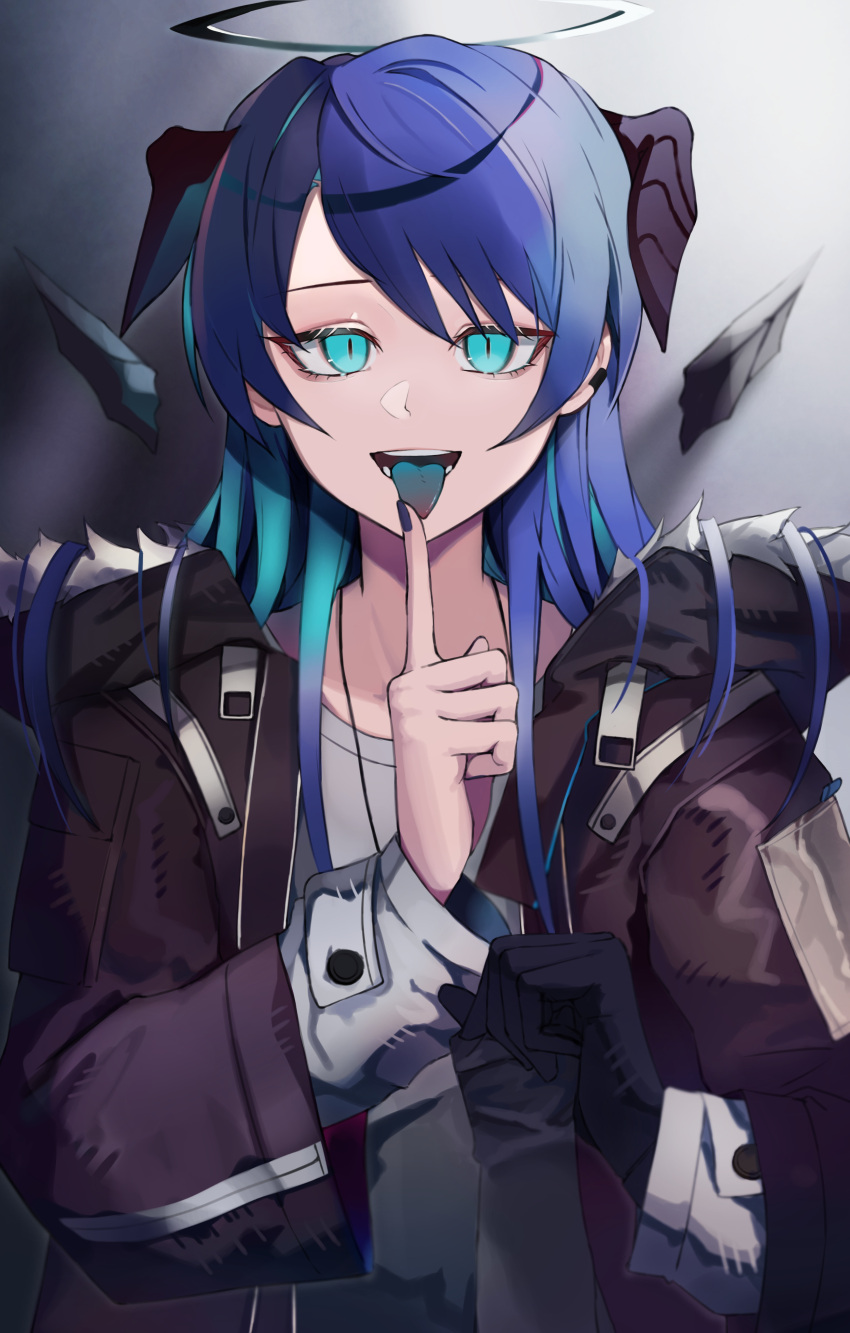 1girl absurdres arknights bangs black_coat black_gloves blue_eyes blue_hair blue_tongue coat colored_tongue commentary_request detached_wings ear_piercing fur-trimmed_coat fur_trim gloves gloves_removed gradient_hair halo highres holding holding_clothes holding_gloves horns index_finger_raised long_hair long_sleeves looking_at_viewer mostima_(arknights) multicolored_hair open_clothes open_coat open_mouth piercing saiun_sigma shirt slit_pupils solo teeth tongue tongue_out upper_body white_shirt wings