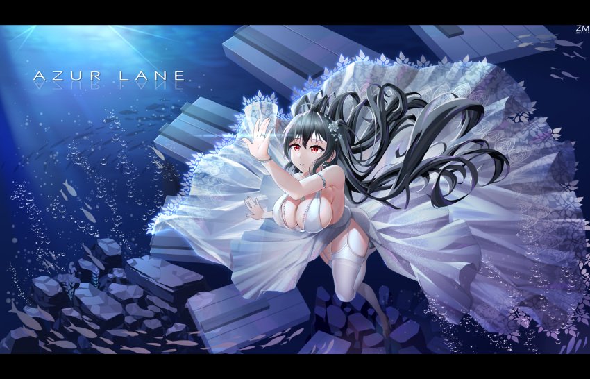 1girl absurdres azur_lane black_hair breasts center_opening dress evening_gown fish garter_straps hair_strand highres jewelry jfzm001 large_breasts official_alternate_costume plunging_neckline red_eyes ring satin_dress see-through_dress silver_footwear sleeveless sleeveless_dress taihou_(azur_lane) taihou_(temptation_on_the_sea_breeze)_(azur_lane) thigh-highs underwater wedding_dress wedding_ring white_dress white_garter_straps white_legwear