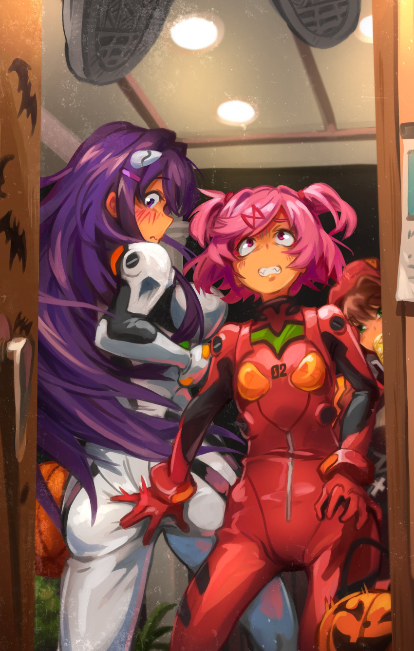 3girls absurdres armor ass ass_grab ayanami_rei ayanami_rei_(cosplay) beer_can blush bodysuit breasts brown_hair can commentary_request cosplay doki_doki_literature_club doorway flat_chest green_eyes hair_intakes hair_ornament hair_scrunchie hairclip halloween highres interface_headset jack-o'-lantern katsuragi_misato katsuragi_misato_(cosplay) khyle. large_breasts long_hair looking_up monika_(doki_doki_literature_club) multiple_girls natsuki_(doki_doki_literature_club) neon_genesis_evangelion pink_eyes pink_hair plugsuit pov purple_hair red_bodysuit red_scrunchie scared scrunchie short_hair short_twintails shoulder_armor souryuu_asuka_langley souryuu_asuka_langley_(cosplay) surprised turning_head twintails twisted_torso very_long_hair violet_eyes white_bodysuit yuri_(doki_doki_literature_club)