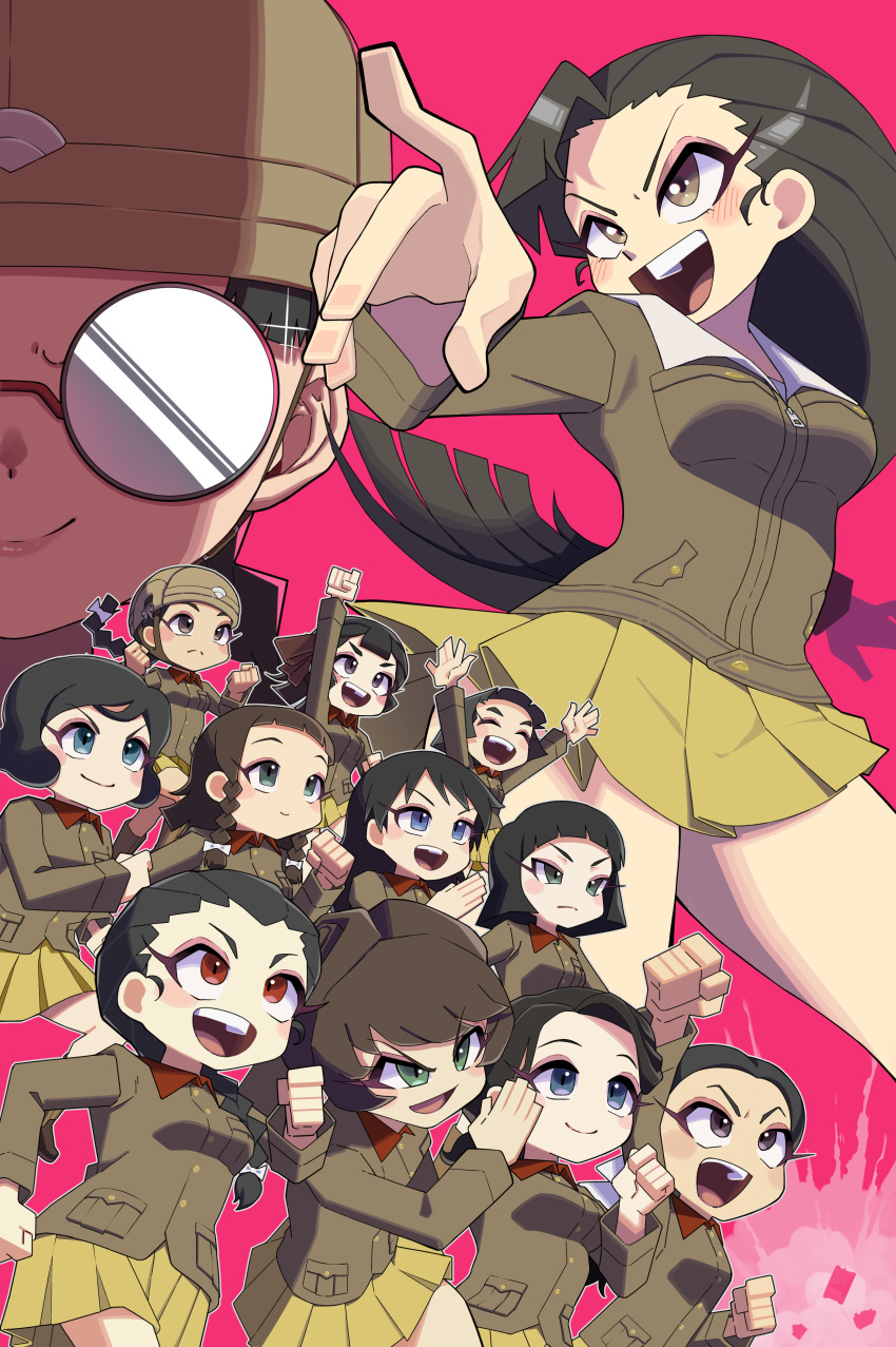 6+girls absurdres asymmetrical_bangs bangs black_eyes black_hair braid brown_eyes brown_hair brown_headwear chi-hatan_military_uniform fukuda_haru girls_und_panzer glasses hamada_kiyo hasegawa_tatsu helmet highres hirai_hanako hosomi_shizuko ikeda_emi kubota_rin long_hair multiple_girls nagura_setsuko nakachiruno nishi_kinuyo nishihara_yasoko pink_background rimless_eyewear round_eyewear straight_hair tamada_tamaki teramoto_tomiko tsuji_tsutsuji twin_braids twintails uenishi_chiyoko