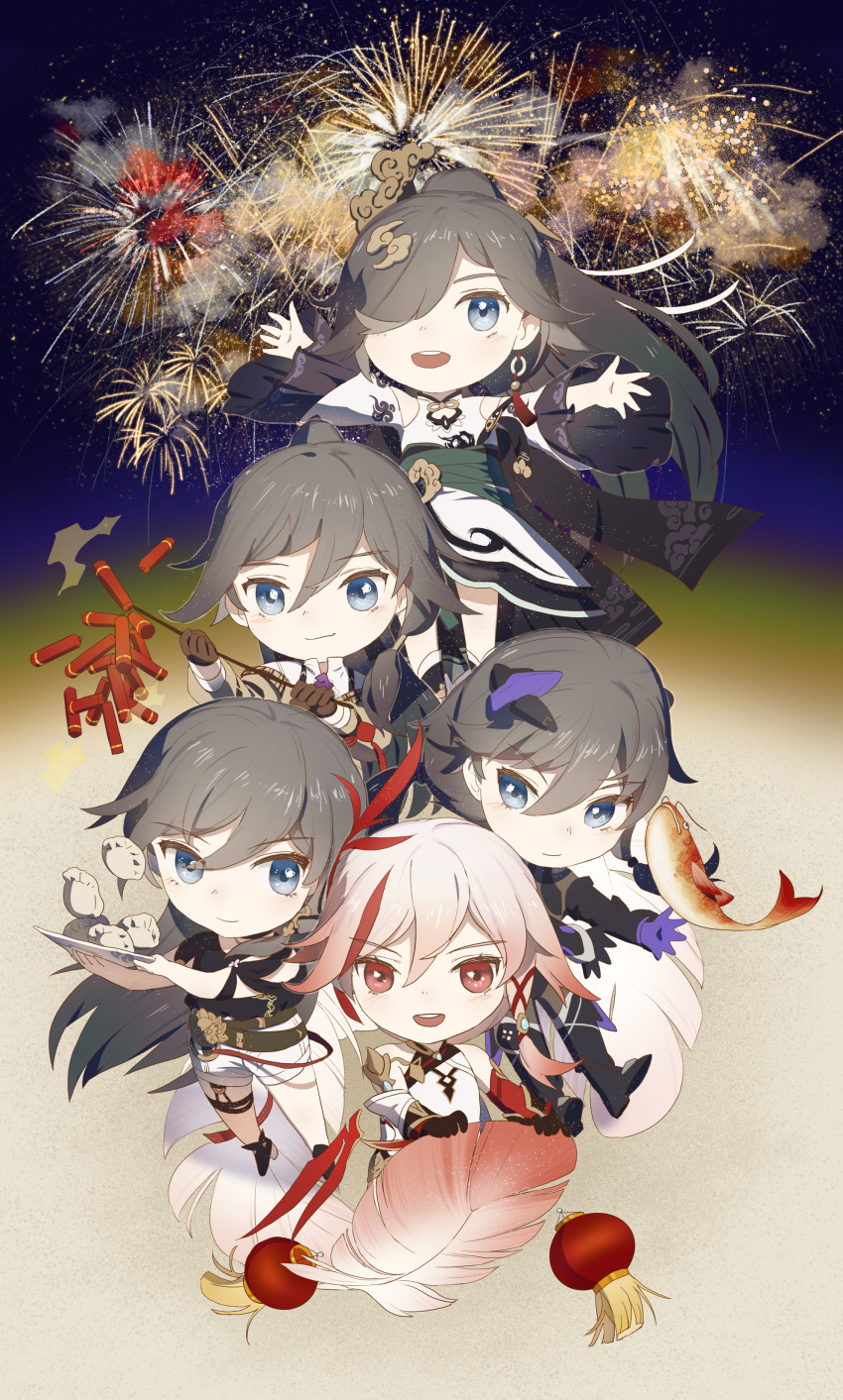 5girls :d absurdres asymmetrical_gloves bangs bare_shoulders black_gloves black_hair black_shirt blue_eyes brown_coat brown_gloves chibi china_dress chinese_clothes closed_mouth coat detective dress dumpling earrings feathers firecrackers fireworks fish food fu_hua fu_hua_(azure_empyrea) fu_hua_(night_squire) fu_hua_(phoenix) fu_hua_(shadow_knight) fu_hua_(valkyrie_accipter) gauntlets gloves hair_between_eyes hair_ornament highres holding holding_plate honkai_(series) honkai_impact_3rd jewelry lantern long_sleeves looking_at_viewer mismatched_gloves multicolored_hair multiple_girls night night_sky open_mouth plate ponytail rafaelaaa red_eyes red_gloves shirt short_sleeves shorts single_earring sky smile streaked_hair teeth white_hair white_shorts