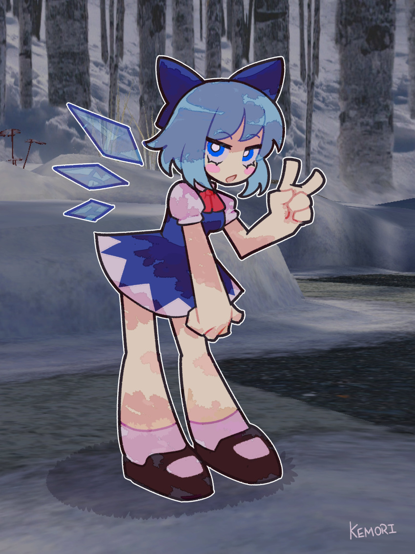 1girl 3d_background absurdres artist_name ascot bangs black_footwear blue_bow blue_dress blue_eyes blue_hair blush_stickers bow bright_pupils chestnut_mouth cirno derivative_work detached_wings dress english_commentary eyebrows_visible_through_hair forest full_body hair_bow hand_up highres hill ice ice_wings kemori looking_at_viewer mary_janes nature open_mouth outdoors outline panty_&amp;_stocking_with_garterbelt parody pikmin_(series) pikmin_2 puffy_short_sleeves puffy_sleeves red_neckwear shoes short_dress short_hair short_sleeves snow socks solo standing style_parody touhou tree v white_pupils wings winter