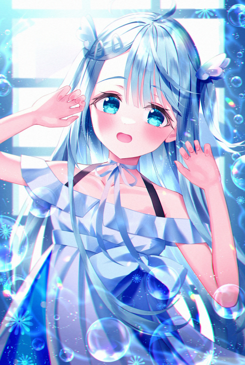 1girl absurdres ahoge amatsuka_uto anzu_yotsuba bangs bloom blue_eyes blush bubble choker claw_pose collarbone dress flower_(symbol) hair_ornament hairclip highres indie_virtual_youtuber leaning_to_the_side lens_flare lens_flare_abuse light_blue_hair long_hair off-shoulder_dress off_shoulder open_mouth ribbon ribbon_choker shoulder_strap sleeveless sleeveless_dress two_side_up virtual_youtuber white_dress white_ribbon window wing_hair_ornament