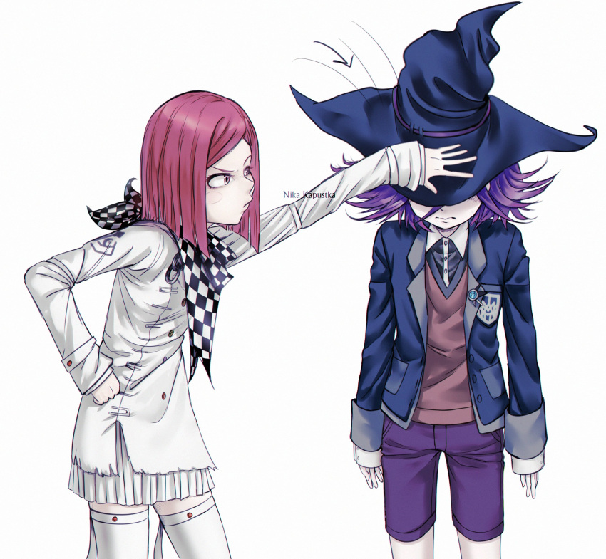 1boy 1girl absurdres annoyed argyle arm_up arrow_(symbol) artist_name black_headwear black_jacket black_shirt blush_stickers brown_vest buttons checkered checkered_neckwear checkered_scarf collared_shirt cosplay costume_switch danganronpa_(series) danganronpa_v3:_killing_harmony dress_shirt flipped_hair grey_background hat highres jacket long_sleeves medium_hair nika_kapustka open_clothes open_jacket ouma_kokichi pleated_skirt purple_hair purple_shorts redhead scarf shirt short_hair shorts simple_background skirt thigh-highs vest white_jacket white_skirt witch_hat yumeno_himiko