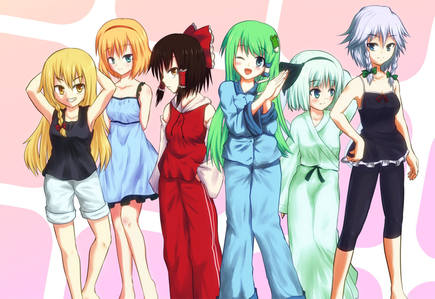 6+girls alice_margatroid black_tank_top blonde_hair bloomers blue_pajamas brown_hair detached_sleeves feet_out_of_frame green_hair grey_hair hakurei_reimu hood hoodie izayoi_sakuya japanese_clothes kimono kirisame_marisa kochiya_sanae konpaku_youmu long_hair matsumoto_aya multiple_girls nightgown pajamas pink_background red_pajamas short_hair sleepwear sleeveless tank_top touhou underwear very_long_hair white_hair yukata