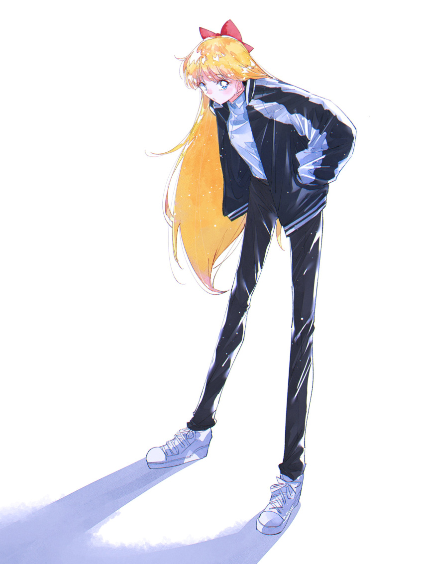 1990s_(style) 1girl absurdres aino_minako bishoujo_senshi_sailor_moon black_pants blonde_hair blue_eyes breasts bright_pupils collared_shirt eyebrows_visible_through_hair hands_in_pockets highres leaning_forward long_hair long_legs looking_to_the_side medium_breasts pants pochi_(askas_is_god) retro_artstyle shadow shirt shoes sneakers solo white_footwear white_pupils white_shirt