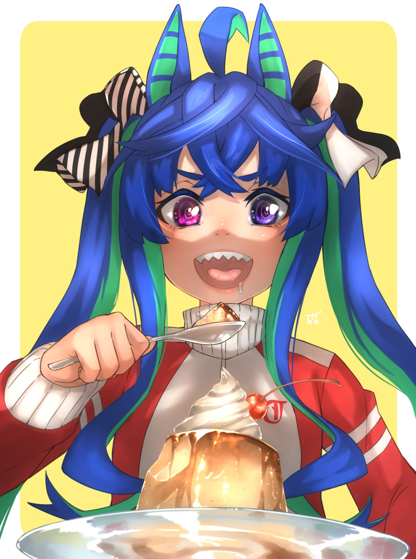 1girl :d @_@ ahoge animal_ears bangs blue_eyes blue_hair cherry commentary crossed_bangs drooling ear_covers food fruit green_hair hair_ribbon heterochromia highres holding holding_spoon horse_ears jacket long_hair looking_at_viewer multicolored_hair open_mouth plate pudding ribbon sharp_teeth sidelocks simple_background smile solo spoon teeth thin_(suzuneya) tongue track_jacket twin_turbo_(umamusume) twintails two-tone_hair umamusume upper_body violet_eyes yellow_background