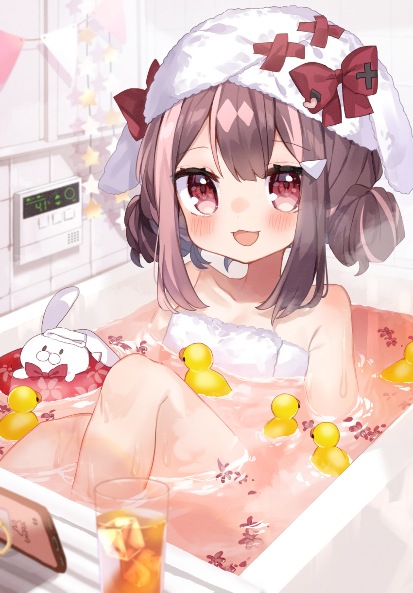 1girl :d absurdres bangs bathtub blush bow brown_hair commentary_request cup double_bun drink eyebrows_visible_through_hair flower highres ice ice_cube indie_virtual_youtuber indoors innertube knees_up long_hair looking_at_viewer multicolored_hair naked_towel noi_mine official_art open_mouth partially_submerged petals petals_on_liquid pink_hair rabbit red_bow red_eyes red_flower rubber_duck sidelocks smile solo streaked_hair towel towel_on_head uchamochi_mochi virtual_youtuber