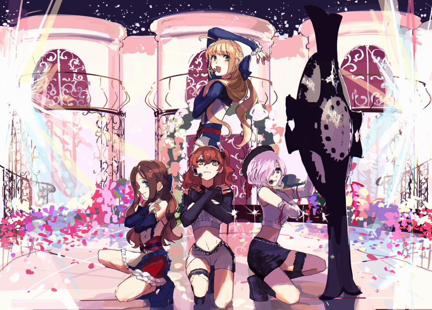 4girls ahoge alternate_costume arm_up artoria_pendragon_(caster)_(fate) artoria_pendragon_(fate) bangs bare_shoulders belt black_footwear black_headwear black_skirt black_sleeves blonde_hair blue_belt blue_bow blue_dress blue_eyes blue_footwear blue_sleeves boots bow brown_hair buttons closed_mouth commentary_request dress eyebrows_visible_through_hair fate/grand_order fate_(series) flower forehead frilled_dress frills fujimaru_ritsuka_(female) green_eyes hair_between_eyes hair_bow hair_ornament hair_over_one_eye hair_scrunchie hand_on_own_chest hat headset high_heels highres holding holding_shield holding_weapon idol leonardo_da_vinci_(fate) leonardo_da_vinci_(rider)_(fate) light_purple_hair long_hair looking_at_viewer mash_kyrielight microphone midriff multicolored multicolored_clothes multicolored_dress multiple_girls music navel one_eye_covered one_knee open_mouth orange_hair petals pineapple6huza ponytail red_belt red_dress scrunchie shield shirt short_hair shorts side_ponytail singing skirt sleeveless sleeveless_dress sleeves_past_wrists smile teeth tongue very_long_hair violet_eyes weapon white_dress white_shirt white_shorts white_sleeves x_arms yellow_eyes