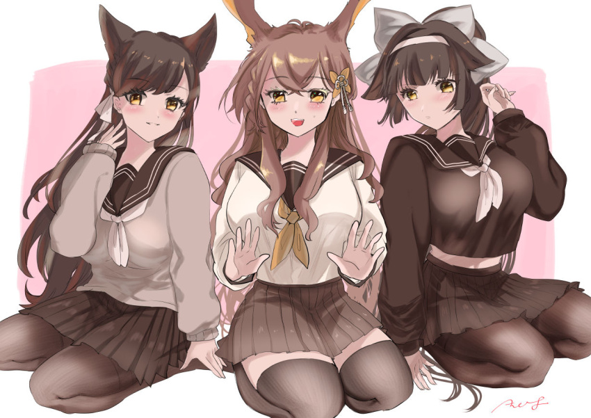 3girls adapted_costume alternate_costume animal_ear_fluff animal_ears atago_(azur_lane) atago_(school_daydream)_(azur_lane) azur_lane black_legwear black_sailor_collar black_serafuku black_shirt black_skirt bow breasts brown_hair cardigan chikuma_(azur_lane) crop_top crop_top_overhang extra_ears gamuko07 hair_bow hairband large_breasts light_brown_hair long_hair looking_at_viewer miniskirt multiple_girls official_alternate_costume pantyhose pleated_skirt ribbon sailor_collar school_uniform serafuku shirt sitting skirt takao_(academy_romantica)_(azur_lane) takao_(azur_lane) thigh-highs thighband_pantyhose white_bow white_cardigan white_hairband white_neckwear white_ribbon yellow_eyes zettai_ryouiki