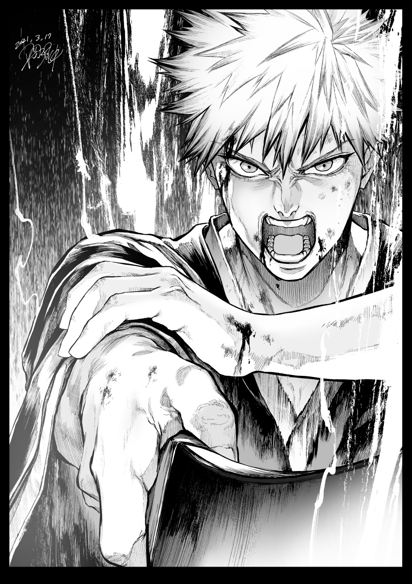 1boy absurdres black_background bleach blood blood_on_face dated greyscale highres hiraoka_koushi japanese_clothes kurosaki_ichigo looking_at_viewer male_focus monochrome open_mouth short_hair signature solo spiky_hair sword weapon