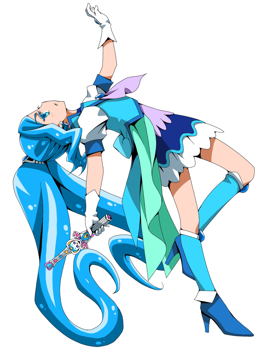 1girl absurdres blue_eyes blue_footwear blue_hair blue_jacket blue_legwear cure_fontaine ebura_din eyebrows_visible_through_hair from_side full_body gloves healin'_good_precure high_heels highres holding jacket long_hair miniskirt parted_lips pegitan_(precure) precure profile short_sleeves simple_background skirt solo twintails very_long_hair white_background white_gloves white_skirt white_sleeves