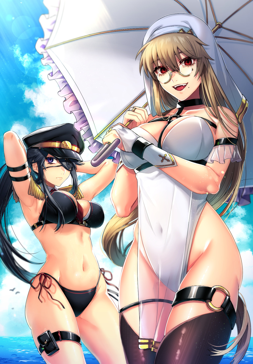 2girls absurdres bare_shoulders bikini black_hair blonde_hair breasts commentary_request covered_navel cowboy_shot day eyebrows_visible_through_hair eyepatch gloves habit hair_between_eyes harness hat highres holding holding_umbrella large_breasts leotard long_hair looking_at_viewer military_hat mole mole_under_mouth multiple_girls navel nun ocean open_mouth original outdoors ponytail red_eyes see-through swimsuit tatsuma_daisuke teeth thigh-highs thigh_strap tongue umbrella violet_eyes water