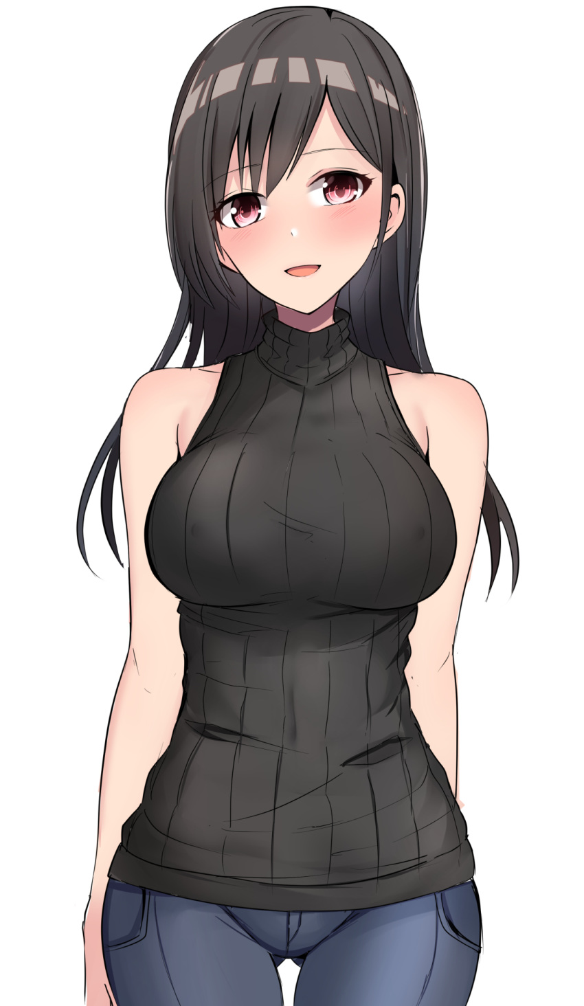 1girl bangs bare_shoulders baretto_(karasi07) black_hair black_shirt blue_legwear blush breasts character_request commentary_request eyebrows_visible_through_hair highres idolmaster idolmaster_shiny_colors large_breasts long_hair looking_at_viewer open_mouth pants pink_eyes shirt simple_background sleeveless solo sweater turtleneck turtleneck_sweater white_background