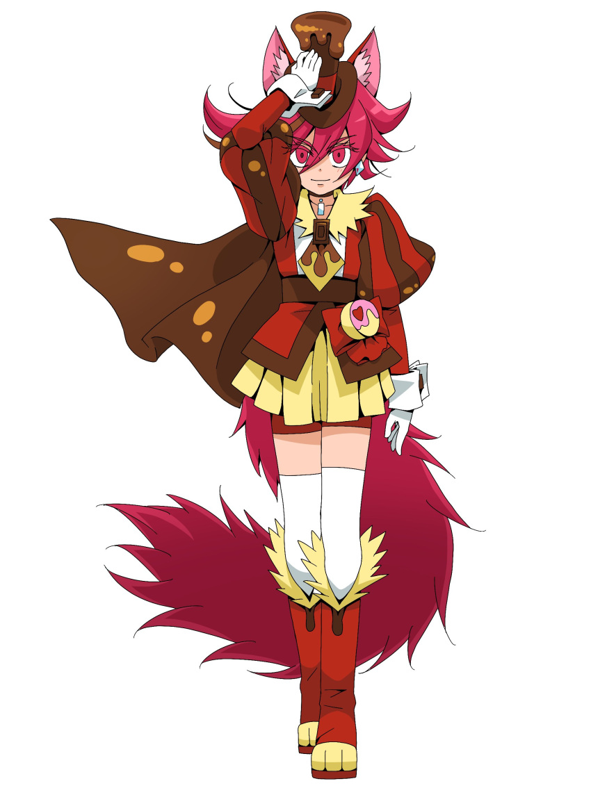 1girl absurdres animal_ear_fluff animal_ears bangs bike_shorts boots brown_coat brown_headwear closed_mouth coat collarbone cure_chocolat dog_ears dog_tail earrings ebura_din eyebrows_visible_through_hair full_body gloves hair_between_eyes hat highres jacket jewelry kirakira_precure_a_la_mode knee_boots long_sleeves looking_at_viewer medium_hair miniskirt pleated_skirt precure red_eyes red_footwear red_jacket red_shorts redhead shiny shiny_hair short_shorts shorts shorts_under_skirt simple_background skirt smile solo standing tail thigh-highs white_background white_gloves white_legwear yellow_skirt younger zettai_ryouiki