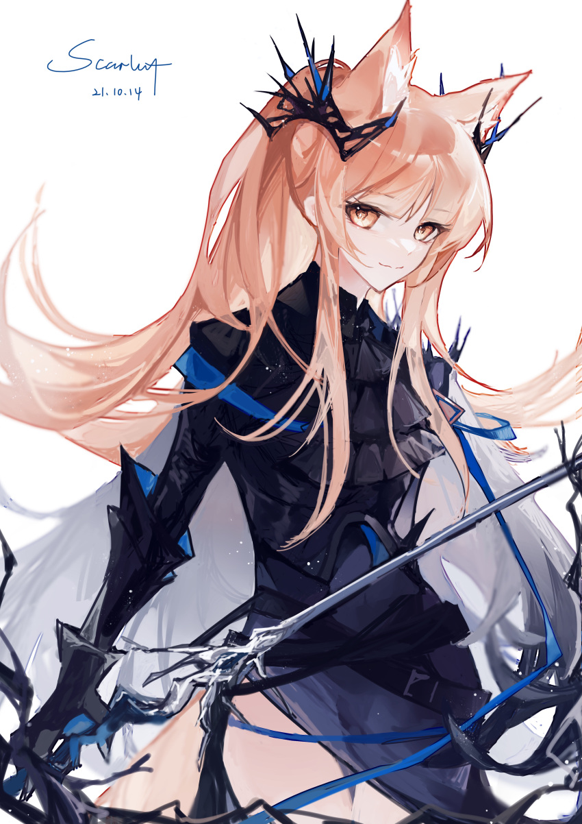 1girl absurdres animal_ear_fluff animal_ears arknights artist_name ascot bangs black_dress black_neckwear blemishine_(arknights) blemishine_(moon_catastrborn)_(arknights) closed_mouth cowboy_shot crown dated dress eyebrows_visible_through_hair gauntlets highres holding holding_sword holding_weapon horse_ears long_hair official_alternate_costume orange_eyes orange_hair scarlett_(artist) sidelocks signature simple_background smile solo sword thigh_gap very_long_hair weapon white_background