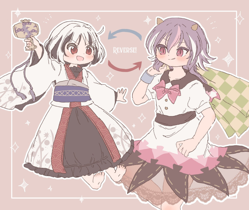 2girls :d alternate_color alternate_hair_color arrow_(symbol) bangs barefoot black_dress black_hair bow bowtie brown_background checkered color_switch dress eyebrows_visible_through_hair highres holding horns japanese_clothes kijin_seija kimono long_sleeves looking_at_viewer looking_to_the_side miracle_mallet multicolored_hair multiple_girls open_mouth puffy_short_sleeves puffy_sleeves purple_hair red_bow red_eyes red_neckwear redhead sakurasaka sash short_sleeves simple_background smile standing star_(symbol) streaked_hair sukuna_shinmyoumaru touhou v-shaped_eyebrows white_hair white_kimono wide_sleeves wristband