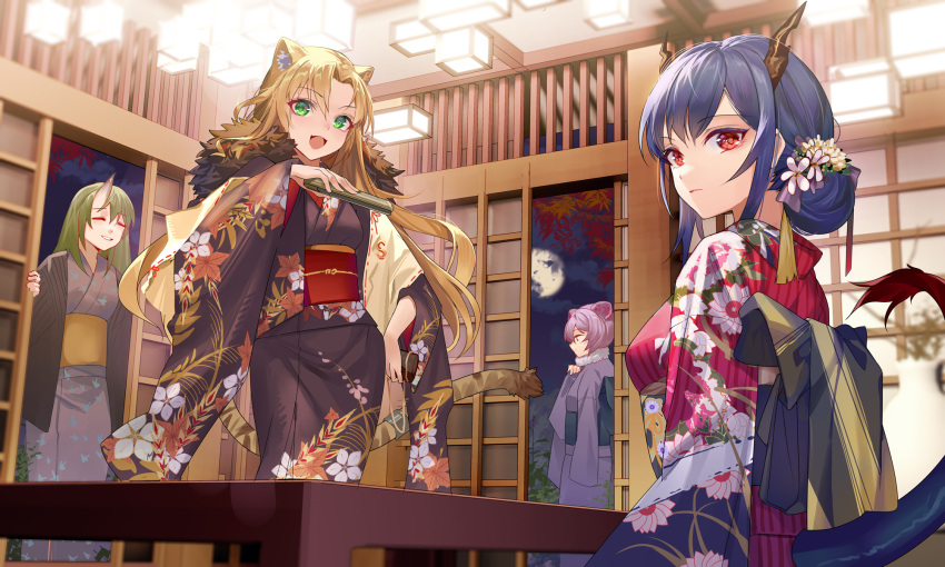 4girls :d alternate_costume alternate_hairstyle animal_ear_fluff animal_ears arknights autumn autumn_leaves back_bow bag bangs black_bow black_kimono blonde_hair bow breasts ch'en_(arknights) closed_eyes closed_fan closed_mouth dragon_girl dragon_horns dragon_tail eyebrows_visible_through_hair floral_print flower folding_fan full_moon fur_trim green_eyes green_hair hair_bun hair_flower hair_ornament hand_fan hand_on_hip handbag highres holding holding_bag holding_fan hongbaise_raw horns hoshiguma_(arknights) indoors japanese_clothes kimono large_bow lin_yuhsia_(arknights) long_hair long_sleeves looking_at_viewer medium_breasts moon mouse_ears multiple_girls night obi oni_horns open_mouth parted_bangs parted_lips pink_kimono purple_hair purple_kimono red_eyes sash single_horn skin-covered_horns sliding_doors smile swire_(arknights) table tail tail_through_clothes tassel tiger_ears tiger_girl tiger_tail very_long_hair white_flower wide_sleeves