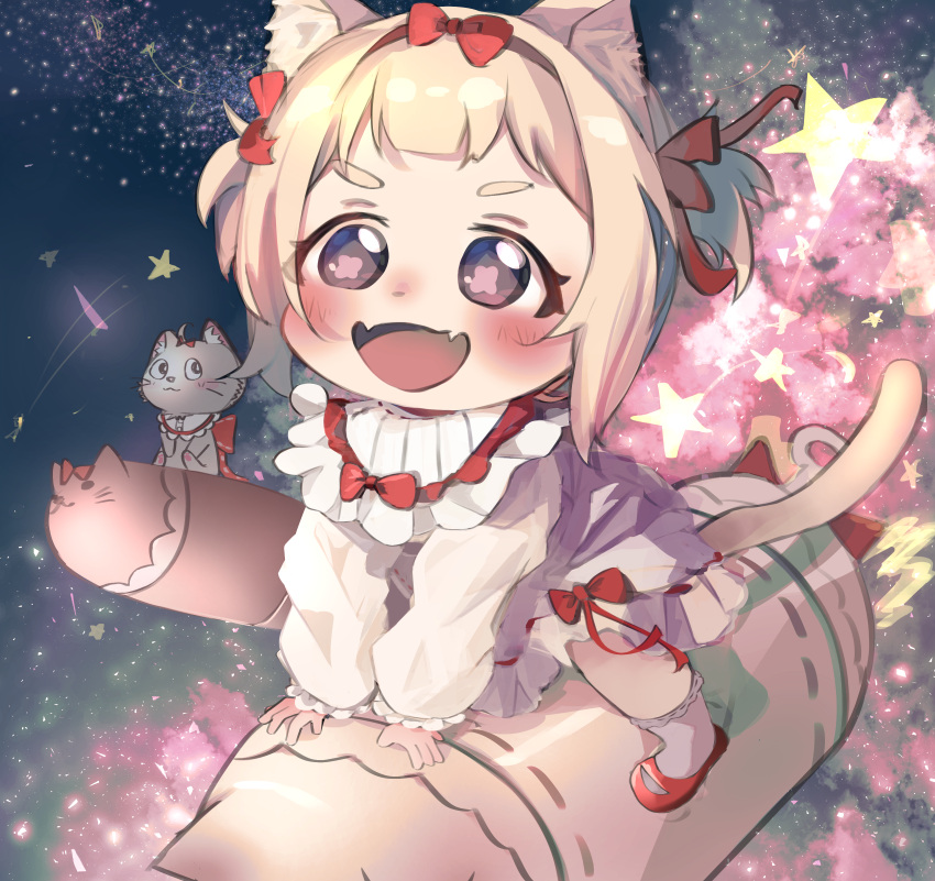 1girl :3 :d absurdres ahoge amai_hiyo amai_hiyo_channel animal_ears bangs blonde_hair blunt_bangs bow cat_ears cat_girl cat_tail child fangs fireworks frilled_legwear headband highres indie_virtual_youtuber looking_at_another open_mouth own_hands_together red_bow red_eyes red_headband red_ribbon ribbon riding short_hair short_twintails sitting skin_fangs sky smile socks solo star_(sky) starry_sky stuffed_animal stuffed_toy symbol-shaped_pupils tail thick_eyebrows twintails virtual_youtuber yukirei