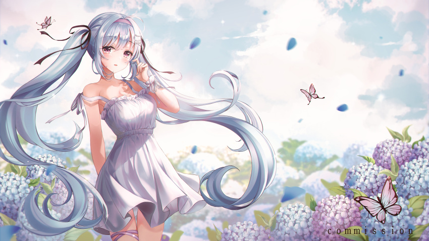 1girl absurdres ahoge arm_behind_back bangs black_ribbon blue_flower blue_hair blush bug butterfly clouds cloudy_sky commentary commission day dress english_commentary eyebrows_visible_through_hair floating_hair flower hair_ribbon hairband hand_up highres holding holding_hair hydrangea long_hair looking_at_viewer mole mole_under_eye original outdoors parted_lips petals pink_butterfly pink_hairband pippin_sol purple_flower ribbon sky sleeveless sleeveless_dress solo sundress thigh_strap twintails very_long_hair violet_eyes white_dress wrist_cuffs