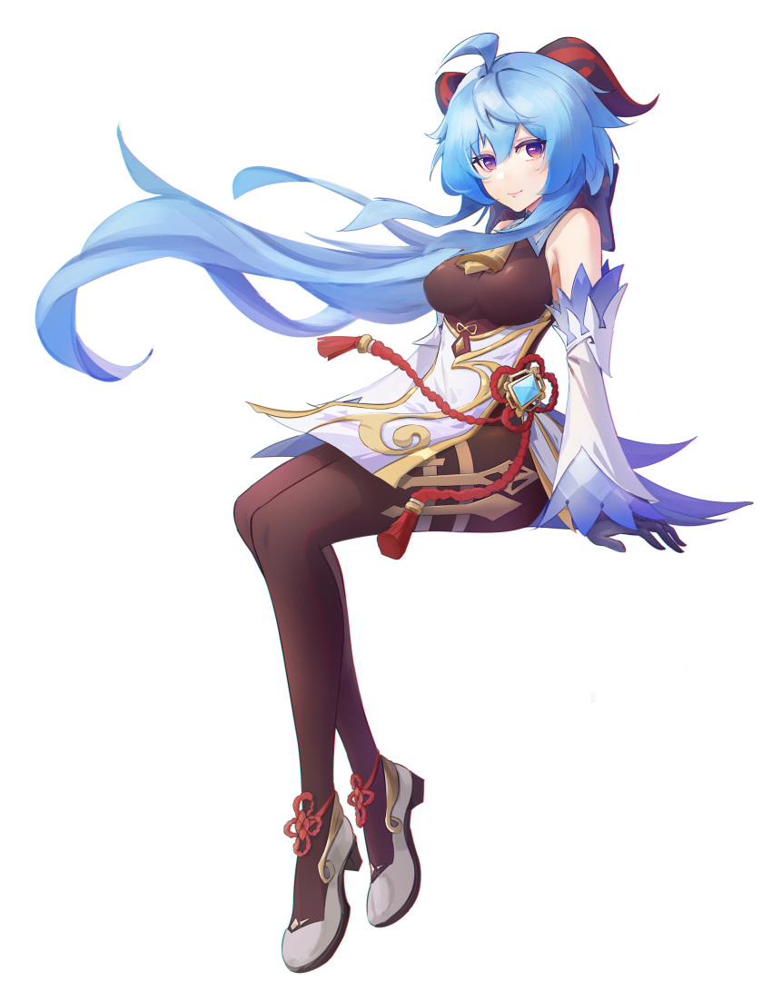 absurdres ahoge bangs bare_shoulders bell black_gloves black_legwear blue_hair breasts chinese_knot curled_horns detached_sleeves flower_knot full_body ganyu_(genshin_impact) genshin_impact gloves gold_trim higashicha high_heels highres horns long_hair looking_at_viewer medium_breasts neck_bell smile solo tassel thighlet very_long_hair violet_eyes vision_(genshin_impact) white_background white_sleeves