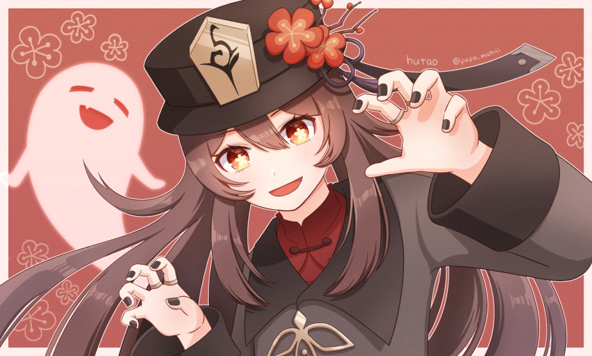 1girl :d bangs black_nails brown_hair chinese_clothes commentary_request edzf eyebrows_visible_through_hair floral_background flower genshin_impact ghost ghost_pose hair_between_eyes hat hat_flower hat_ornament head_tilt highres hu_tao_(genshin_impact) jewelry long_hair long_sleeves looking_at_viewer open_mouth orange_eyes red_background ring sidelocks simple_background smile symbol-shaped_pupils twintails wide_sleeves