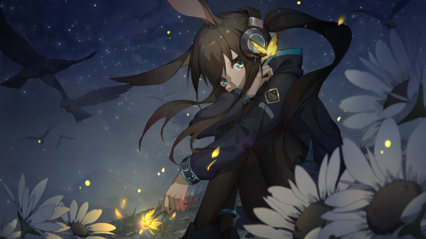 1girl amiya_(arknights) animal_ears anklet arknights bird black_footwear black_jacket black_legwear blue_skirt bug butterfly butterfly_on_finger feet_out_of_frame flower from_side glowing_butterfly glowing_flower green_eyes headphones highres holding holding_flower hood hood_down hooded_jacket jacket jewelry knees_up long_hair long_sleeves looking_at_viewer looking_to_the_side miniskirt mountainous_horizon night outdoors pantyhose parted_lips petals ponytail rabbit_ears sidelocks sitting skirt sky solo star_(sky) starry_sky very_long_hair white_flower xiaoxiao_nanjue_buyaokeng yellow_flower