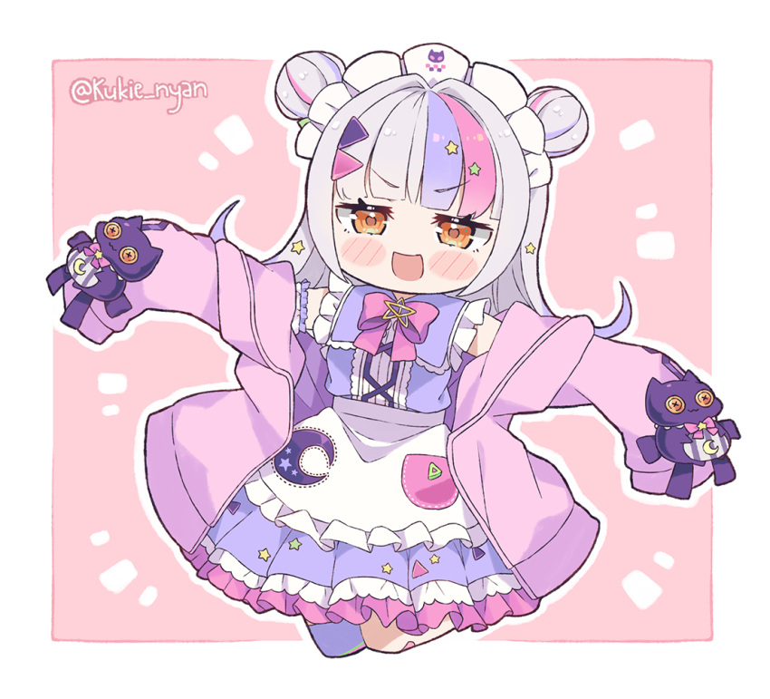 apron bangs blunt_bangs blush_stickers chibi commentary double_bun english_commentary hair_ornament hairclip hololive jacket kukie-nyan lolita_fashion long_hair maid maid_headdress multicolored_hair murasaki_shion official_alternate_costume pink_jacket purple_hair silver_hair sleeves_past_fingers sleeves_past_wrists star_(symbol) star_hair_ornament streaked_hair sweet_lolita triangle_hair_ornament twitter_username two_side_up virtual_youtuber waist_apron white_apron yellow_eyes