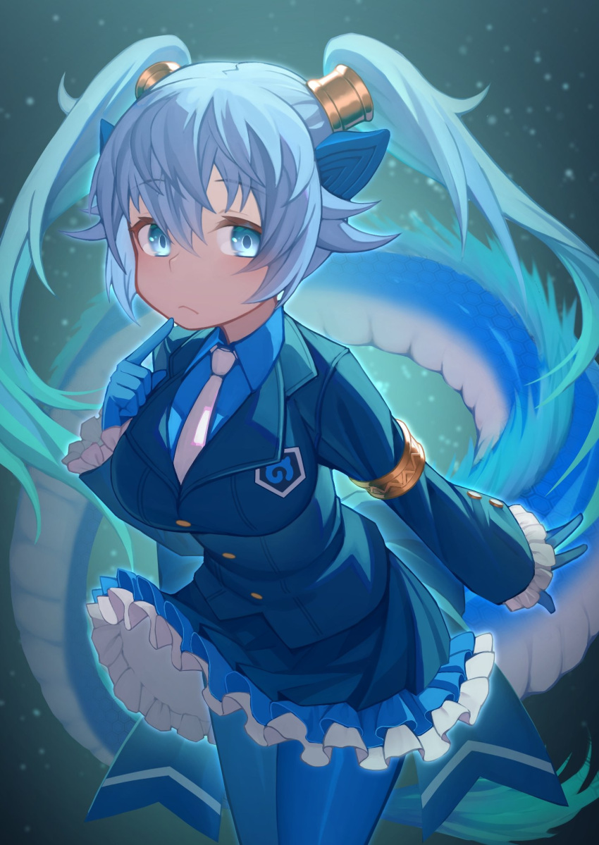 1girl :/ akuma_(st.takuma) arm_at_side armlet aura blue_eyes blue_hair buttons closed_mouth collared_shirt dragon_girl dragon_horns dragon_tail finger_to_mouth frilled_skirt frills gloves gradient_hair green_hair hand_up highres horns index_finger_raised jacket japari_symbol kemono_friends leaning_forward long_hair long_sleeves long_tail looking_at_viewer miniskirt multicolored_hair necktie outstretched_arm pantyhose seiryuu_(kemono_friends) shirt skirt solo tail twintails two-tone_hair very_long_hair wing_collar