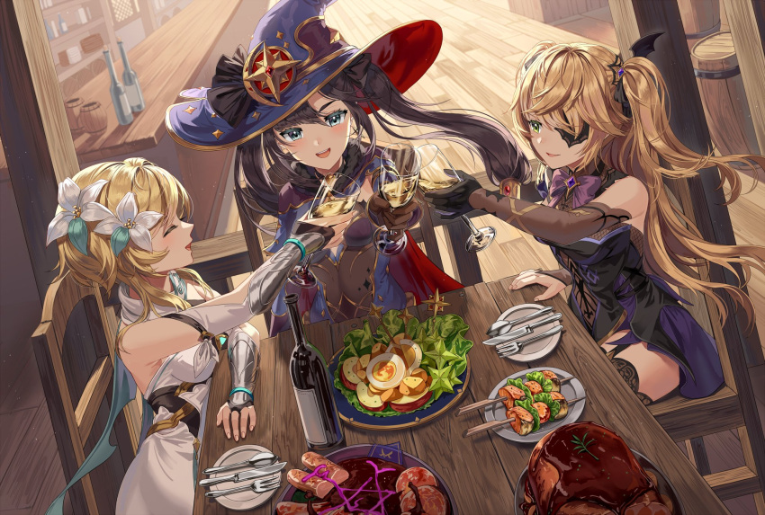 3girls alcohol bangs bare_shoulders black_dress black_gloves black_hair black_legwear blonde_hair blue_headwear blush breasts closed_eyes dress eyepatch fischl_(genshin_impact) flower food genshin_impact gloves green_eyes hair_flower hair_ornament hat highres indoors large_hat long_hair lumine_(genshin_impact) mona_(genshin_impact) multiple_girls parted_lips plate short_twintails silence_girl sitting smile table thigh-highs twintails utensil white_dress wine witch_hat