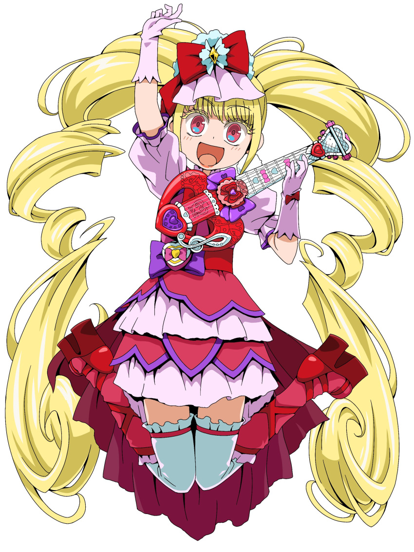 1girl :d absurdres arm_up bangs blonde_hair bow cure_macherie dress ebura_din eyebrows_visible_through_hair full_body gloves hair_bow highres holding holding_instrument hugtto!_precure instrument jumping layered_dress long_hair open_mouth pink_gloves pink_sleeves precure red_bow red_eyes shiny shiny_hair short_dress short_sleeves simple_background smile solo thigh-highs twintails very_long_hair white_background white_legwear zettai_ryouiki