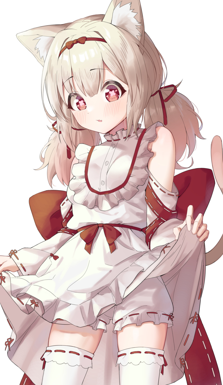 1girl absurdres amai_hiyo amai_hiyo_channel animal_ear_fluff animal_ears bare_shoulders blonde_hair bloomers blush bow cat_ears cat_girl cat_tail dress eyebrows_visible_through_hair fang hair_between_eyes hair_bow hair_ribbon hairband highres japanese_clothes legs_apart lifted_by_self low_twintails off_shoulder open_mouth red_eyes red_hairband ribbon ribbon-trimmed_clothes ribbon_trim sidelocks simple_background skin_fang solo syhan symbol-shaped_pupils tail thigh-highs thighs twintails underwear virtual_youtuber white_background white_dress white_legwear