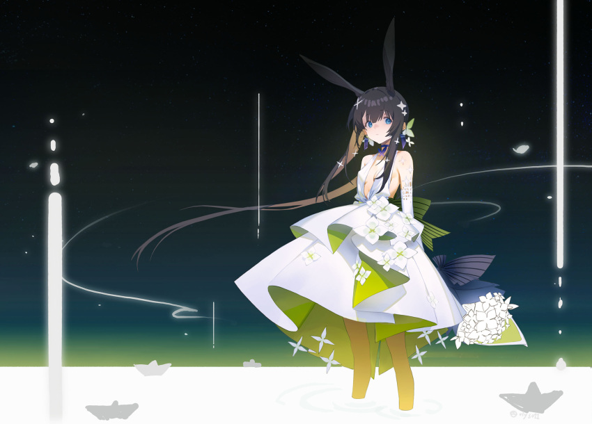 1girl alternate_costume amiya_(arknights) animal_ears arknights arms_behind_back bare_shoulders black_hair blue_eyes blush bowl breasts brown_legwear center_opening choker closed_mouth commentary dress elbow_gloves flower flower_trim gloves glowing highres holding holding_bowl layered_dress long_hair looking_at_viewer night olys outdoors pantyhose paper_boat ponytail purple_choker rabbit_ears sidelocks signature sky sleeveless sleeveless_dress small_breasts solo standing star_(sky) starry_sky symbol-only_commentary twitter_username very_long_hair wading white_dress white_flower white_gloves