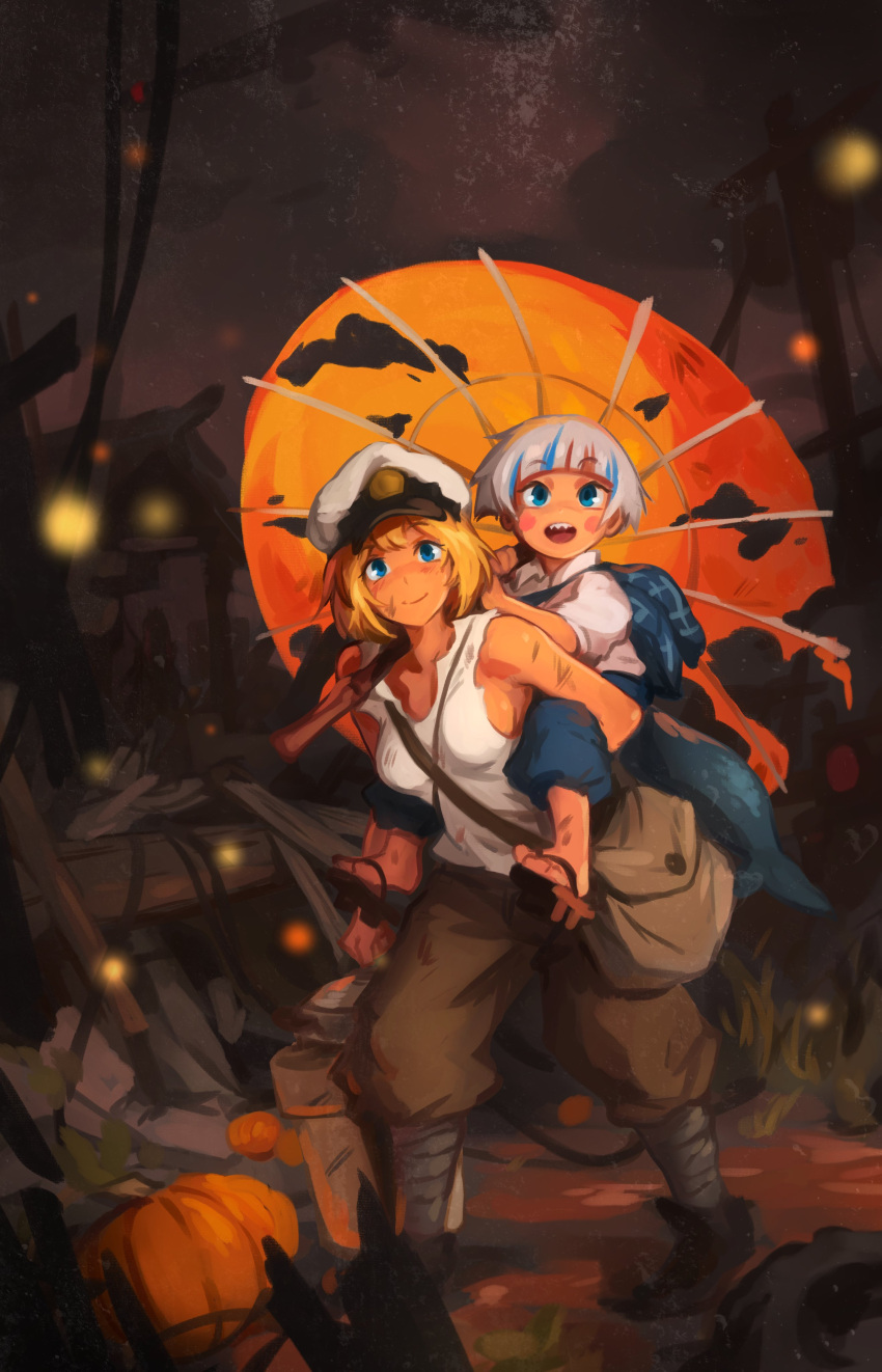 2girls absurdres bag blonde_hair blue_hair blush_stickers boots breasts bucket carrying cosplay crossover english_commentary fireflies gawr_gura halloween halloween_costume hat highres hololive hololive_english hotaru_no_haka khyleri medium_breasts military_hat multicolored_hair multiple_girls night oil-paper_umbrella open_mouth outdoors pants parody piggyback pumpkin sandals seita_(hotaru_no_haka) setsuko_(hotaru_no_haka) shirt silver_hair smile streaked_hair torn_umbrella umbrella virtual_youtuber watson_amelia white_shirt