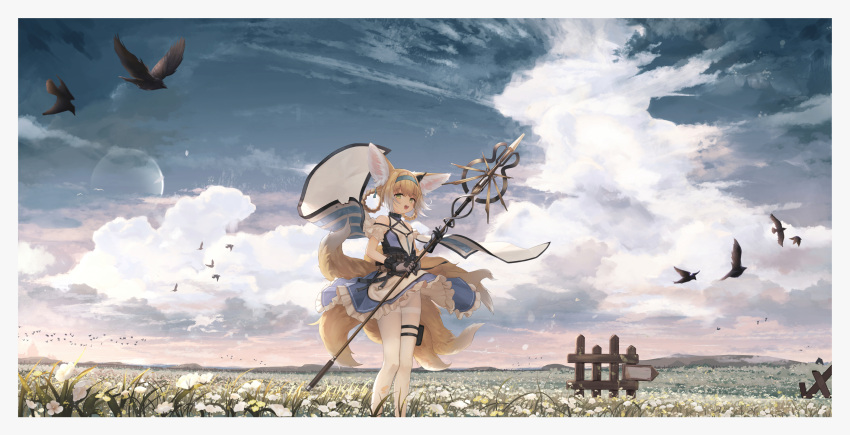 1girl :d animal_ear_fluff animal_ears aqua_hairband arknights bird blonde_hair blue_hairband blush border breasts cloak clouds cloudy_sky crotch_seam earpiece field flower flower_field fox_ears fox_girl fox_tail gloves green_eyes hair_rings hairband highres holding holding_staff infection_monitor_(arknights) kitsune kyuubi looking_at_viewer medium_hair multiple_tails open_mouth oripathy_lesion_(arknights) outdoors panties pantyhose pantyshot ribbon skirt sky small_breasts smile solo staff suzuran_(arknights) tail timitarcat underwear white_border white_legwear