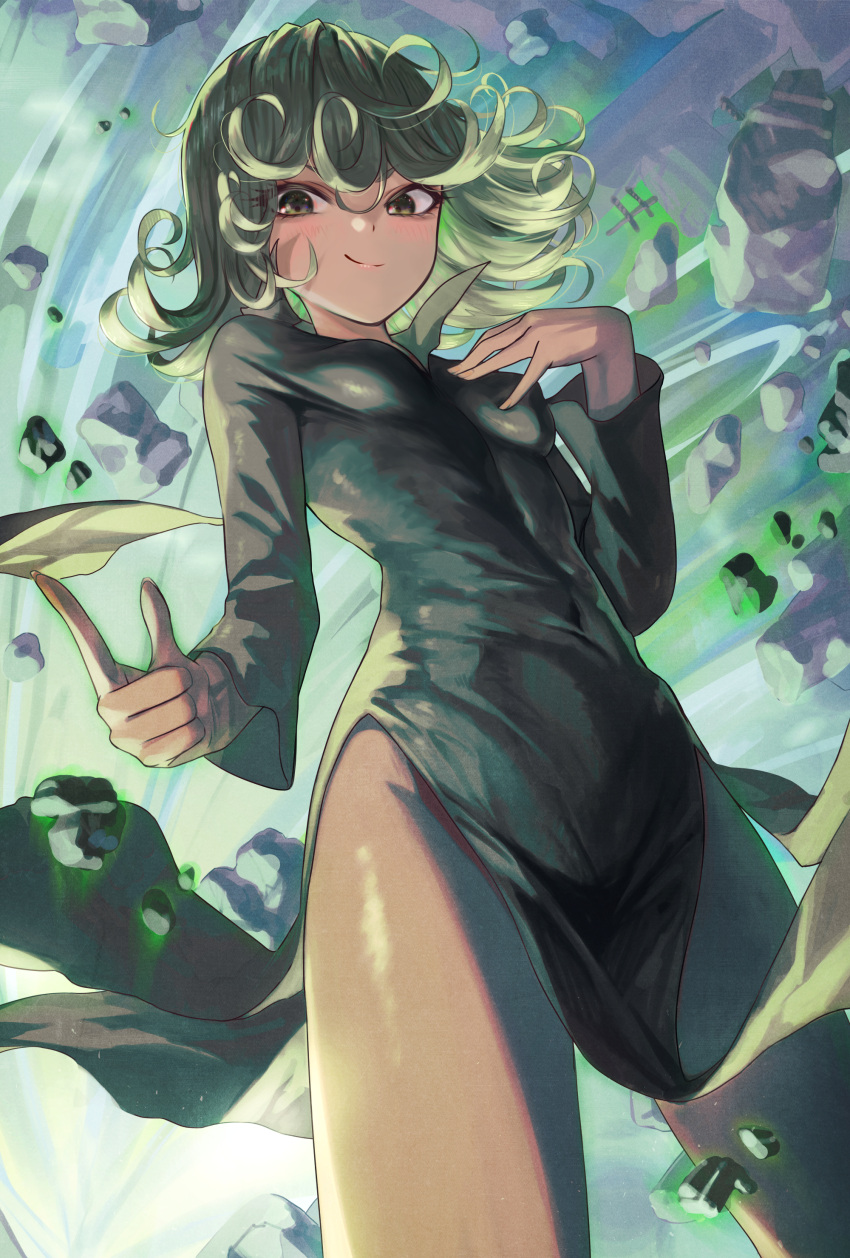 1girl absurdres bangs black_dress blush breasts commentary_request cowboy_shot curly_hair debris dress flipped_hair from_below green_hair highres long_sleeves looking_at_viewer one-punch_man rock short_hair side_slit small_breasts smile solo tatsumaki torriet