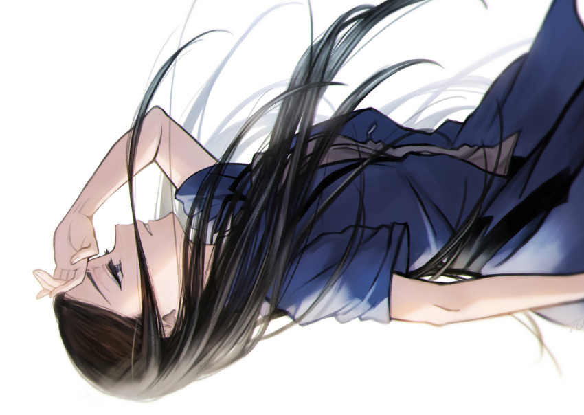 1girl arm_at_side arm_up bangs black_hair blue_eyes blue_jacket cowboy_shot eyelashes floating_hair from_side half-closed_eyes hand_on_own_forehead highres jacket long_hair looking_away open_clothes open_jacket parted_bangs parted_lips profile shirt short_sleeves shoujo_kageki_revue_starlight simple_background solo tareko very_long_hair white_background white_shirt yakumo_kyouko