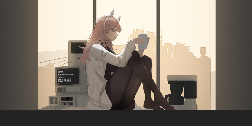 1girl absurdres animal_ear_fluff animal_ears black_legwear black_shirt closed_mouth coffee_cup coffee_maker_(object) computer cup disposable_cup eyebrows_visible_through_hair from_side girls'_frontline_neural_cloud girls_frontline highres holding holding_cup long_hair looking_down no_shoes pantyhose persica_(girls'_frontline) persicaria_(girls'_frontline_nc) pink_hair salty_eyes shirt simple_background sitting solo turtleneck white_robe