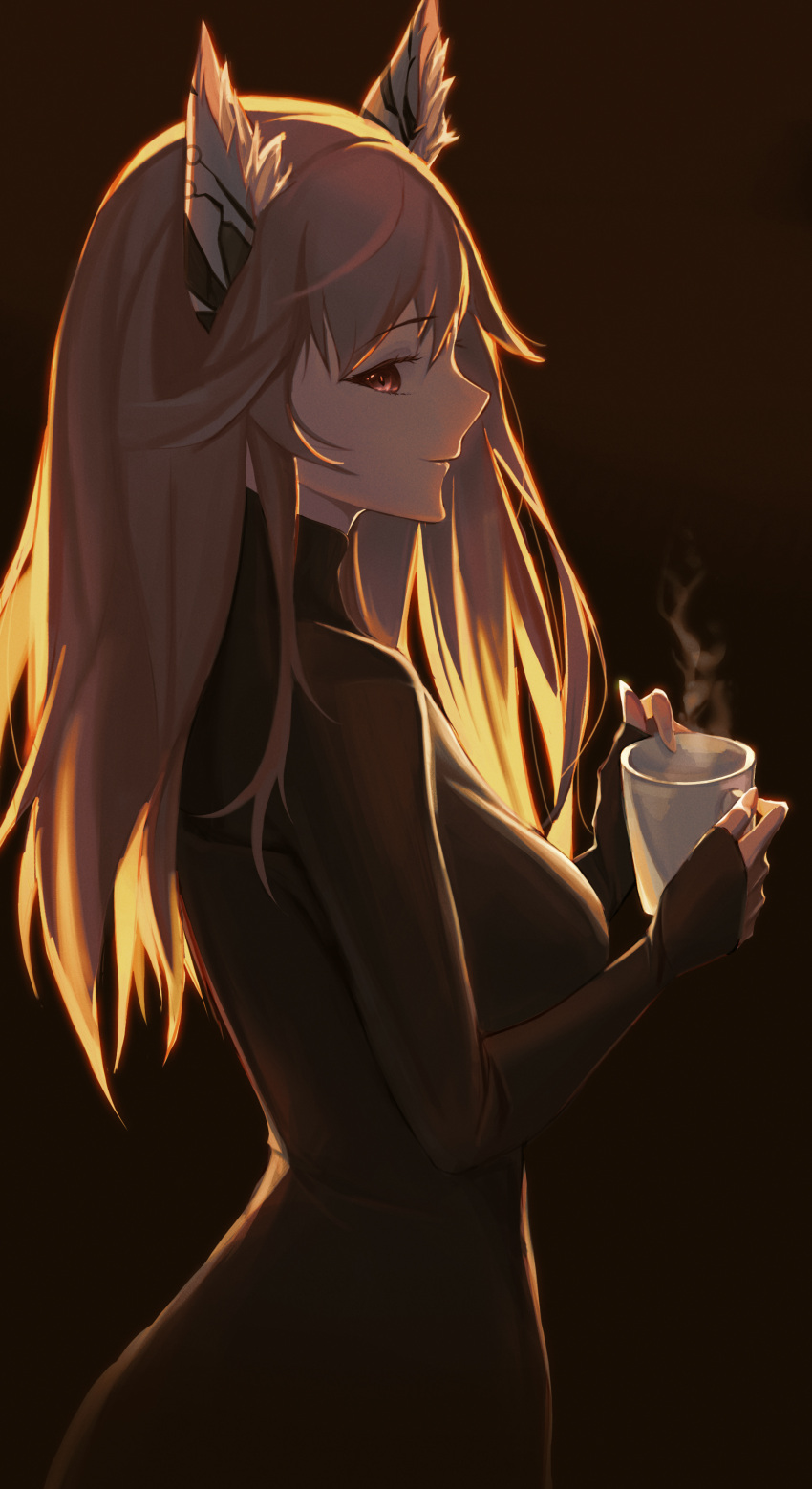 1girl absurdres animal_ear_fluff animal_ears black_background black_shirt closed_mouth cup eyebrows_visible_through_hair feet_out_of_frame from_side girls'_frontline_neural_cloud girls_frontline highres holding holding_cup long_hair looking_to_the_side persica_(girls'_frontline) persicaria_(girls'_frontline_nc) pink_eyes pink_hair shirt smile solo standing swallow_zzy turtleneck
