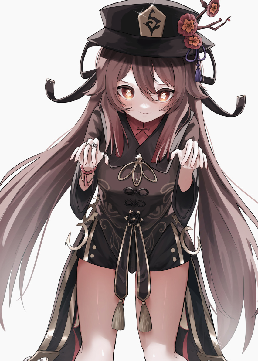 1girl absurdres bead_bracelet beads black_headwear black_shorts blush bracelet brown_hair claw_pose closed_mouth genshin_impact hat highres hu_tao_(genshin_impact) jewelry leaning_forward long_hair long_sleeves looking_back mako_t red_eyes ring shorts smile symbol-shaped_pupils tailcoat top_hat twintails wide_sleeves