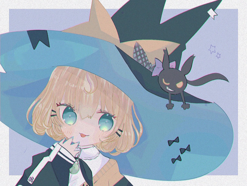 1girl bangs bell black_bow black_headwear black_jacket blonde_hair bow collared_shirt eyebrows_behind_hair hat jacket lucie_(millie_parfait) millie_parfait nijisanji nijisanji_en off_shoulder orange_sweater shirt short_hair smile solo star_(symbol) sweater totomaru_(neko_oyasumi_) virtual_youtuber white_shirt witch witch_hat