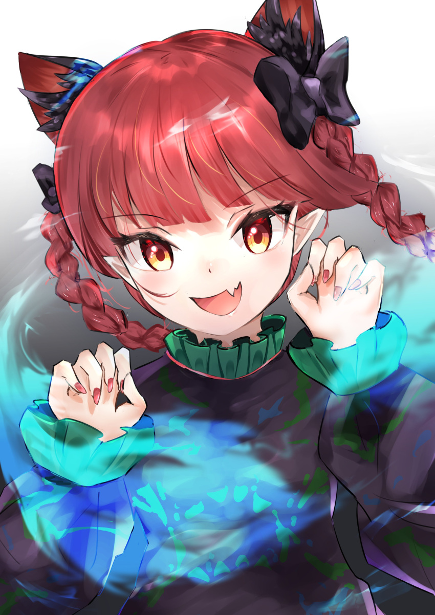 1girl 999_cats :d absurdres animal_ear_fluff bangs black_bow blush bow braid commentary_request dress extra_ears eyebrows_visible_through_hair fang fingernails gradient gradient_background green_dress hair_bow highres hitodama kaenbyou_rin long_sleeves looking_at_viewer nail_polish open_mouth orange_eyes paw_pose pointy_ears red_nails redhead sharp_fingernails skin_fang smile solo standing touhou twin_braids