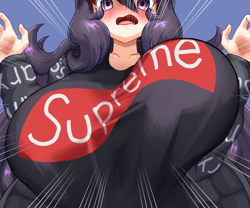 1girl @_@ bouncing_breasts breasts hex_maniac_(pokemon) highres huge_breasts inktober long_hair messy_hair mud_(artist) open_mouth pokemon pokemon_(game) pokemon_xy shirt solo supreme t-shirt very_long_hair violet_eyes