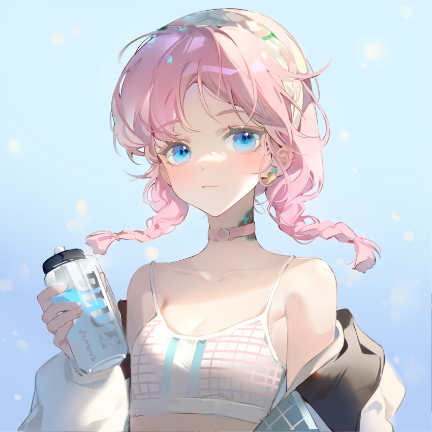 1girl arknights bangs bare_shoulders blue_background blue_eyes blue_poison_(arknights) blue_poison_(shoal_beat)_(arknights) blush bottle breasts choker closed_mouth collarbone commentary_request earrings eyebrows_visible_through_hair gradient gradient_background hairband highres holding holding_bottle jacket jewelry long_hair long_sleeves looking_at_viewer mengxinggaihuatule off_shoulder official_alternate_costume open_clothes open_jacket pink_choker pink_hair small_breasts smile solo sports_bra twitter_username upper_body white_hairband white_jacket