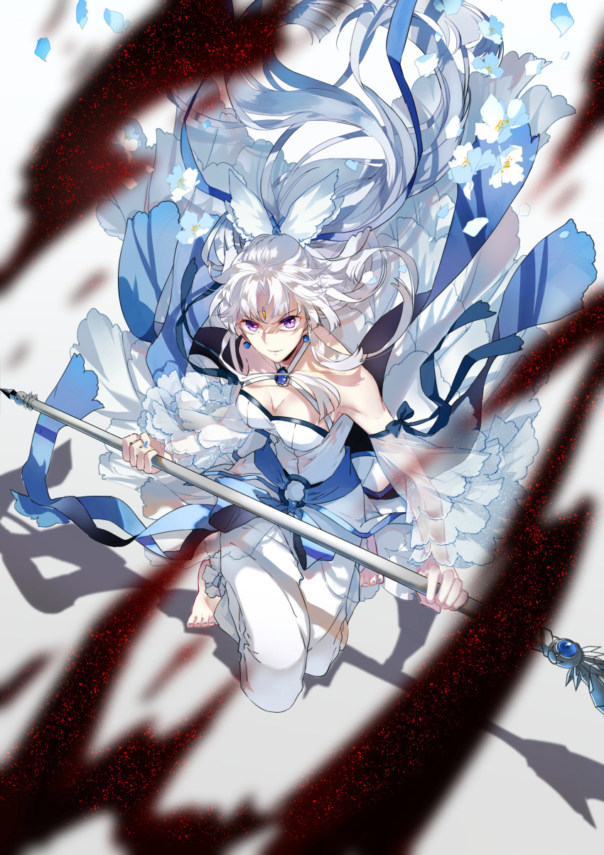 1girl absurdres bare_shoulders barefoot blue_dress detached_sleeves dress earrings facial_mark forehead_mark frilled_pants frilled_sleeves frills frown grey_hair highres jewelry kneeling lance limaomao long_hair looking_at_viewer pants polearm san_yan_xiao_tian_lu shadow solo strapless violet_eyes weapon white_hair white_pants yang_jian